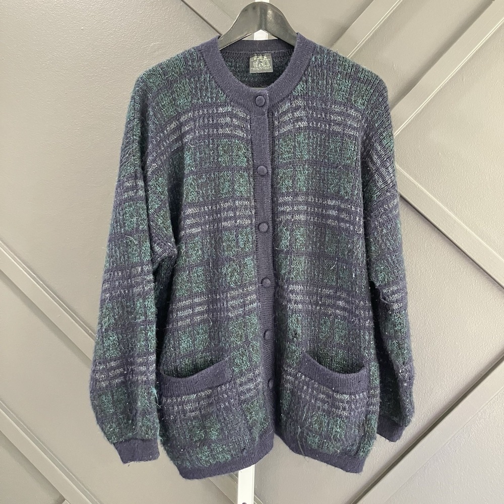 Inca Artesian 100% Alpaca Cardigan Sweater Peru Blue Green Button Front Pockets